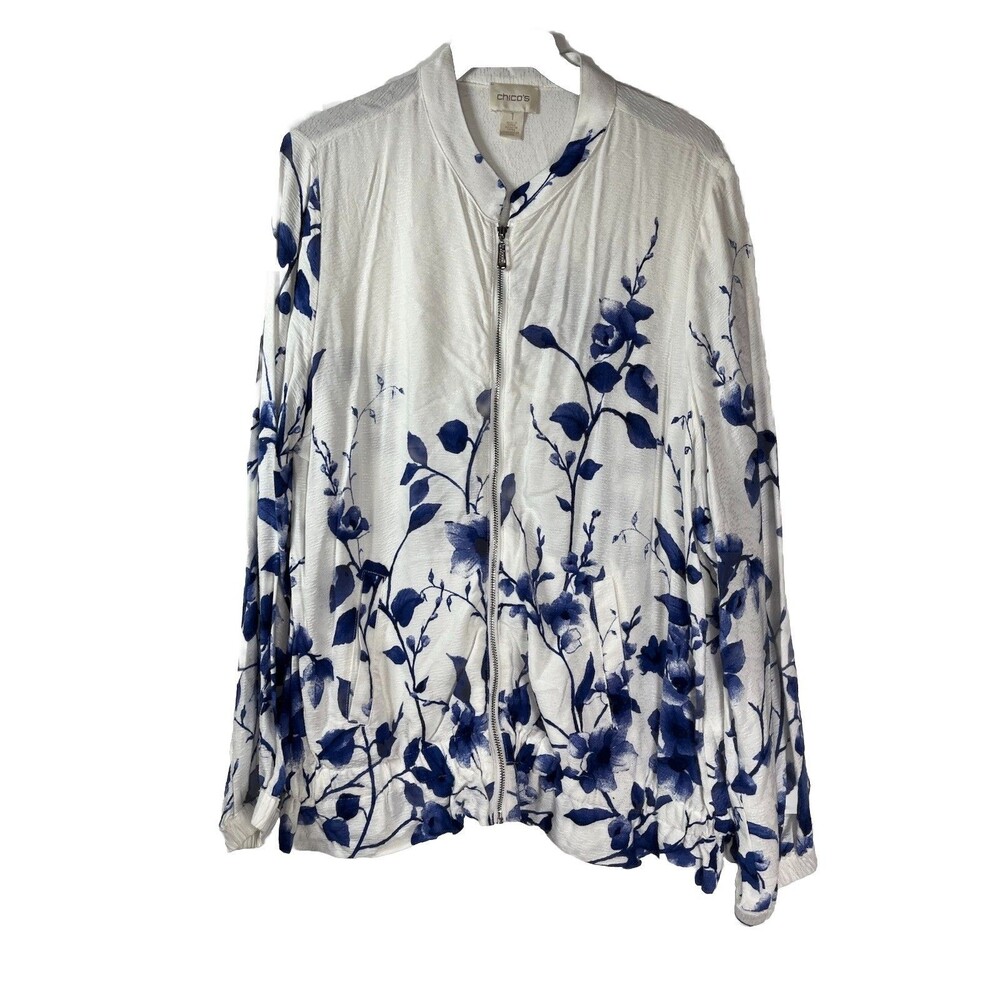 Chicos Light Knit Indigo Shadow Botanical Print Jacket  Sz 1 Medium